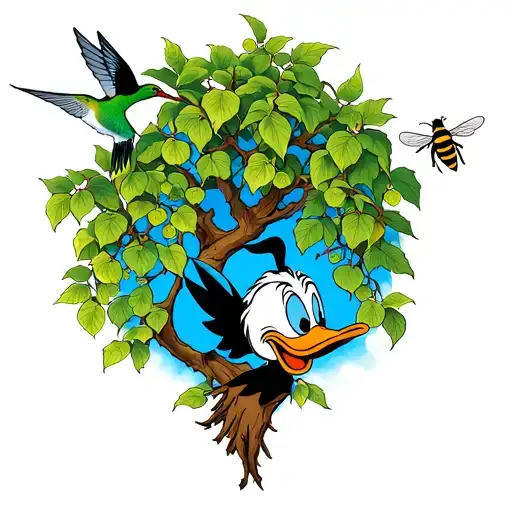 Give me a realistic tattoo of a family tree  with blackberry vines and a honey bee humming bird with Donald duck under i tattoo design idea