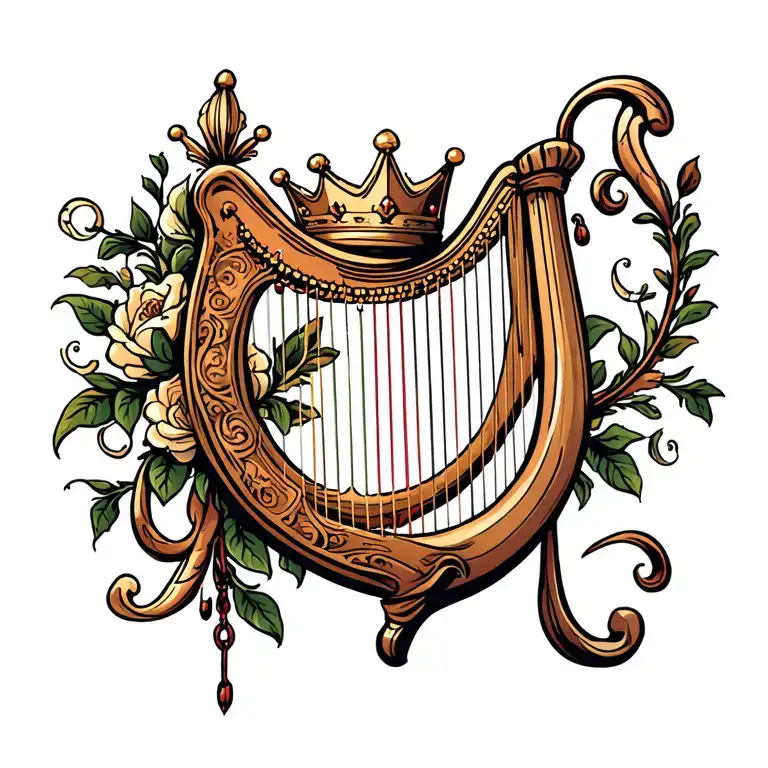 harp with crown hanging tattoo design idea