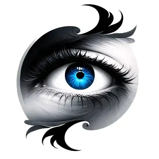 black and grey realistic blue eye, yin and yang symbol made tattoo design idea