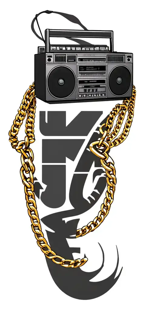 A 1980s boom box in circled with heavy gold chains tattoo design idea
