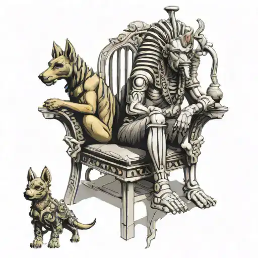 exodia the forbiden sitting on a throne, holding osiris and anubis in a cage tattoo design idea