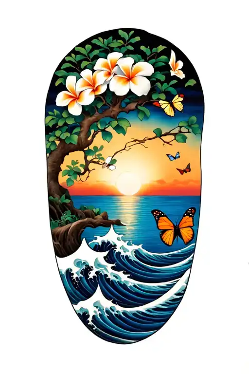 plumeria tree and the sea with waves crashing and the sun setting and butterflies flying  tattoo design idea