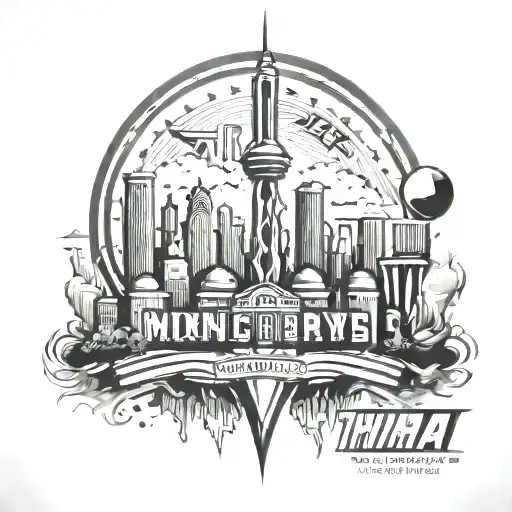 A skyline merging Mumbai and Toronto landmarks, with a pixelated gym logo in the background, reflecting the client's favorite things and passion for fitness tattoo design idea