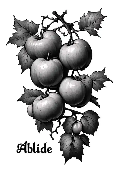 A vine starting at the wrist, spiraling upward along the arm, with branches and fruit reaching outward. The word "Abide" tattoo design idea