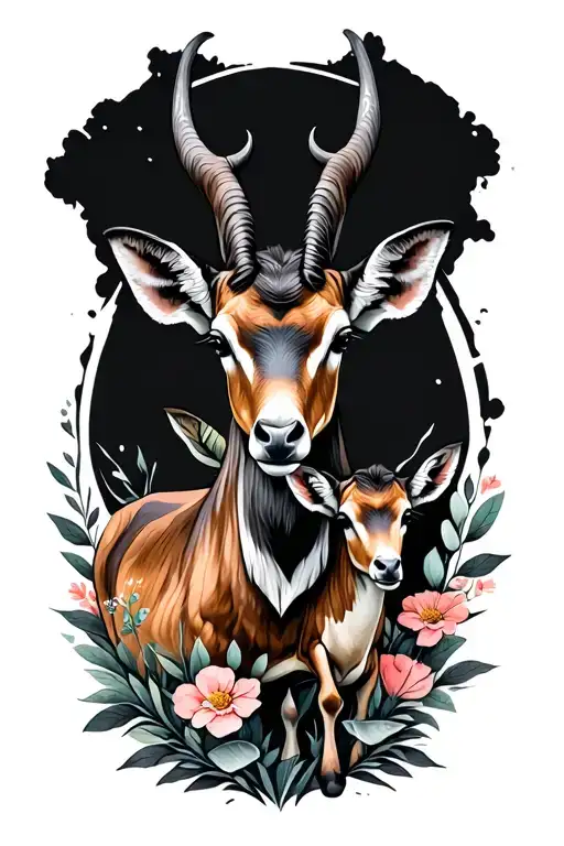 Female Eland and small calf with floral design tattoo design idea