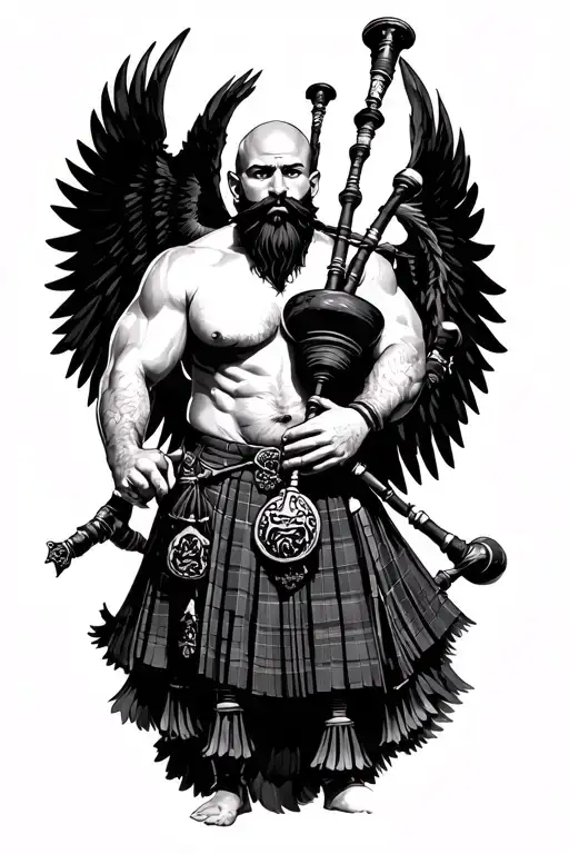 legless shirtless muscular bagpiper bald black beard playing bagpipes huge black wings tattoo design idea