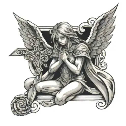 change of heart Yugioh angel praying in front of a cross  tattoo design idea