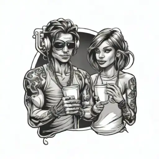 stickman boy and girl holding cups phone cord tattoo design idea
