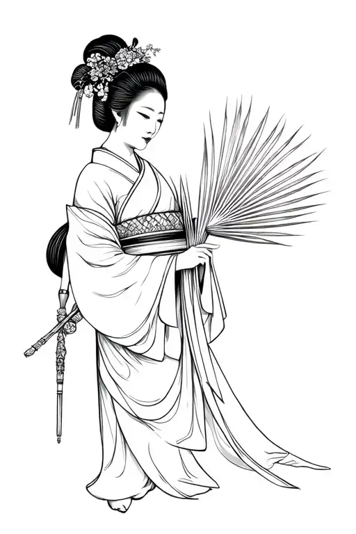 full body traditional japanese geisha holding a fan palm leaf tattoo design idea