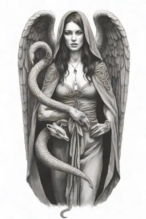lilith standing in a cloak holding a snake tattoo design idea