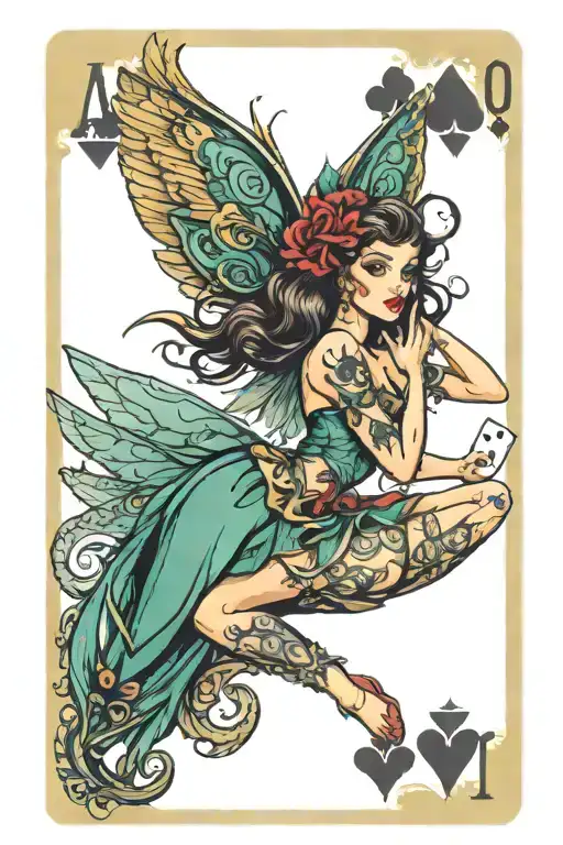 pinup fairy with wings playing cards surrounded by tribal pattern  tattoo design idea
