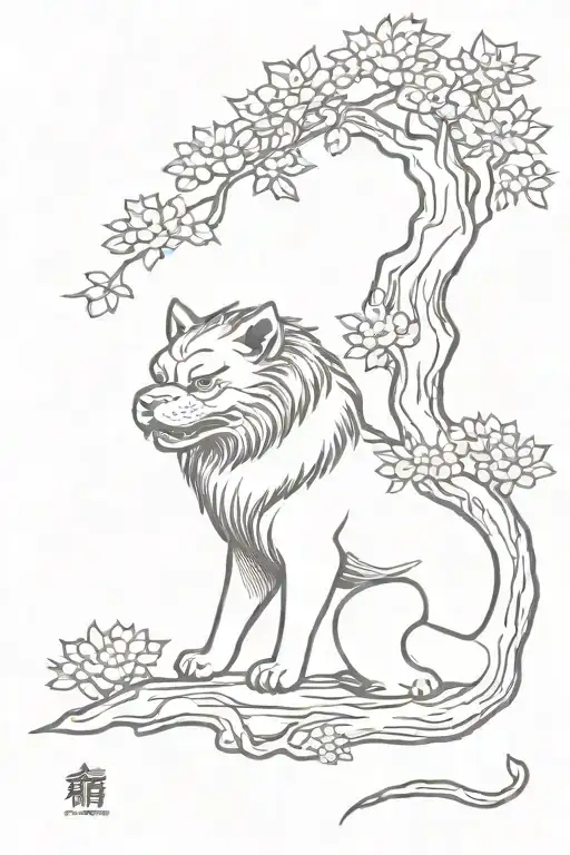 japanese foo dog under tree of life tattoo design idea
