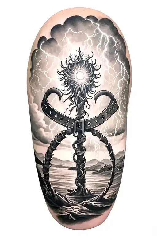 childs and lightining storm and belt and nature tattoo design idea