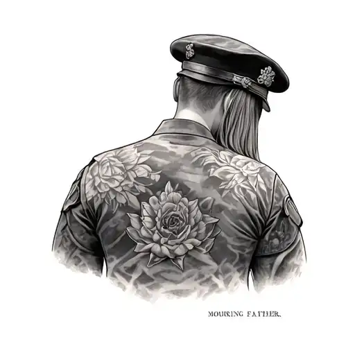 mourning of a military father and his daughter from behind tattoo design idea