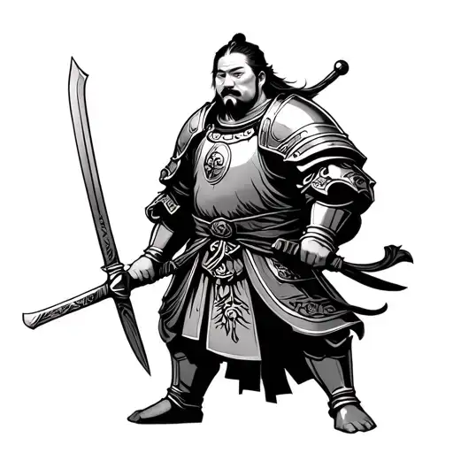 Sun Tzu standing proudly in armour holding a sword tattoo design idea