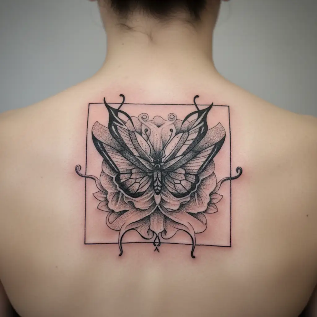 A unique blackwork tattoo of a butterfly morphing into a medical caduceus symbol tattoo design idea