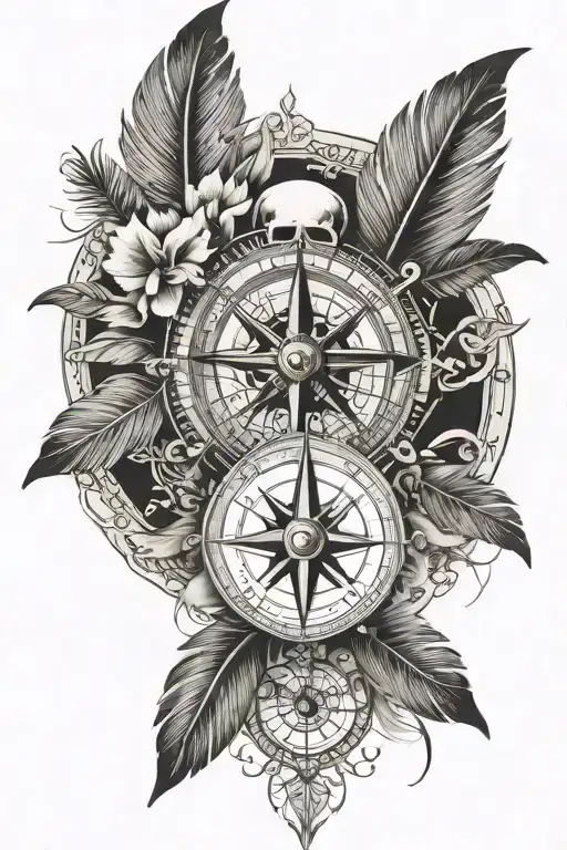 skull and feathers compass dainty tattoo design idea