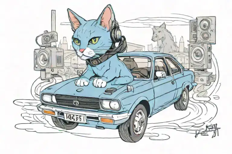 A Russian blue cat wearing headphones and driving a ford XR8 car tattoo design idea