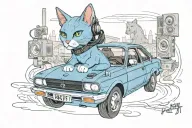 A Russian blue cat wearing headphones and driving a ford XR8 car tattoo design idea
