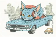 A Russian blue cat wearing headphones and driving a ford XR8 car tattoo design idea