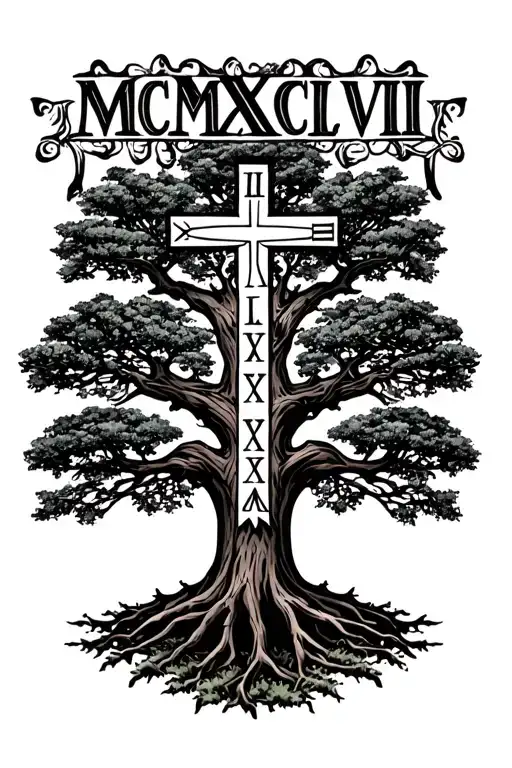 "MCMXCVIII " "MCMXCVIII " Oak tree with roman numerals witha orthodox cross tattoo design idea