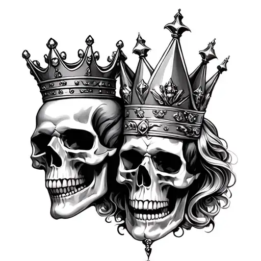 Two skulls, one with a king crown and the other with a queen crown. tattoo design idea