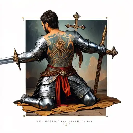 Kneeling Knight holding a Sword cross in back tattoo tattoo design idea