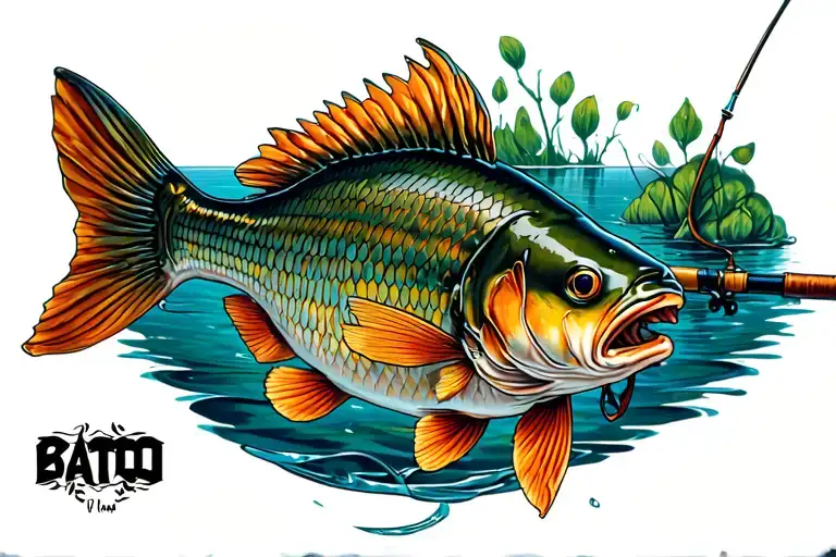 carp and fishing rod tattoo design idea