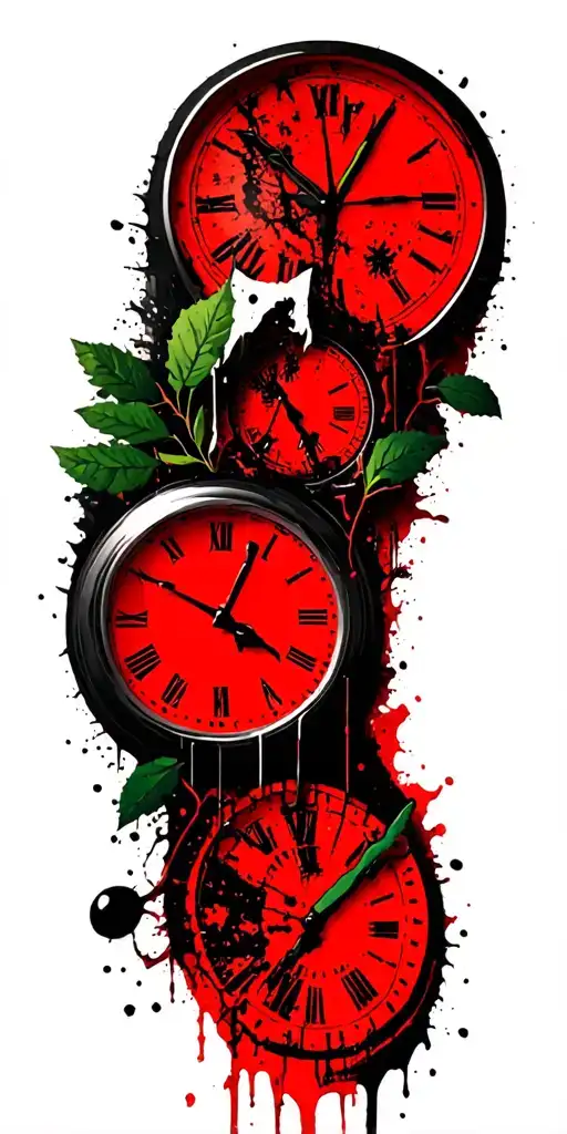 birch branches with hunter green leaves with only three clocks integrated into it tattoo design idea