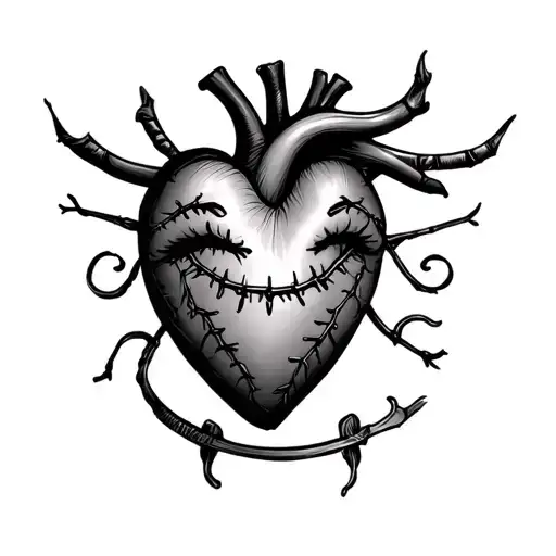 real heart with stitched on smile face tattoo design idea