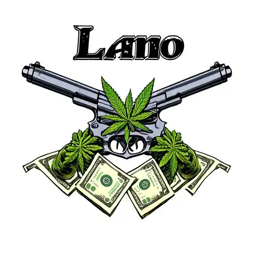 "Lano" with weed guns and money intertwined with the letters tattoo design idea