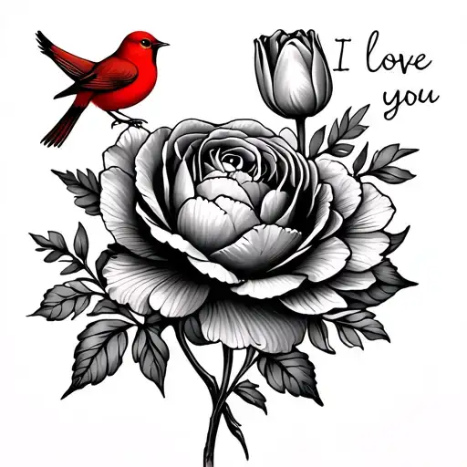 3 flowers a peony rose and tulip and then the stem with i love you in cursive then a red bird and then greenery  tattoo design idea