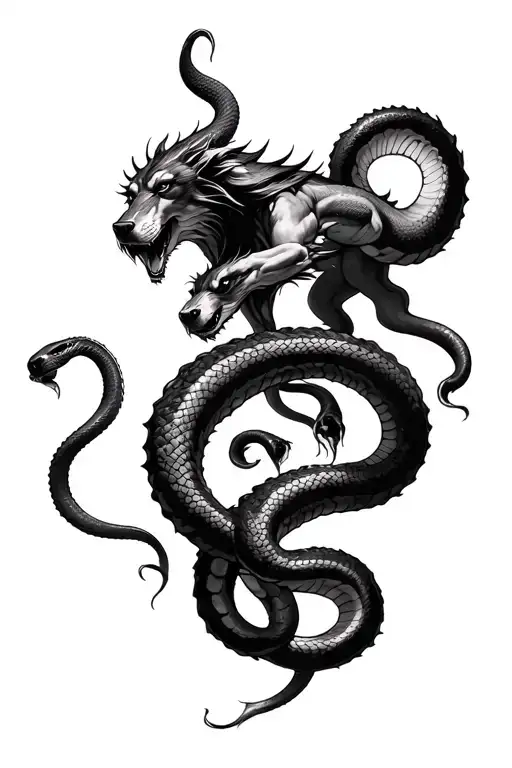 Scylla snakes fighting 3 headed hell hound cerberus tattoo design idea