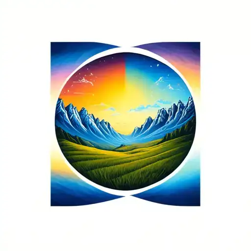 infinity symbol one side of circle with mountains the other with grassland with sunrise tattoo design idea
