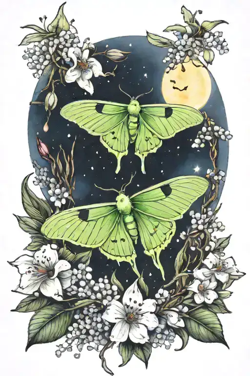 luna moth, full moon, hawthorn flower, primrose flowers,  lily of the valley flowers, sweet pea flowers against a nighsc tattoo design idea