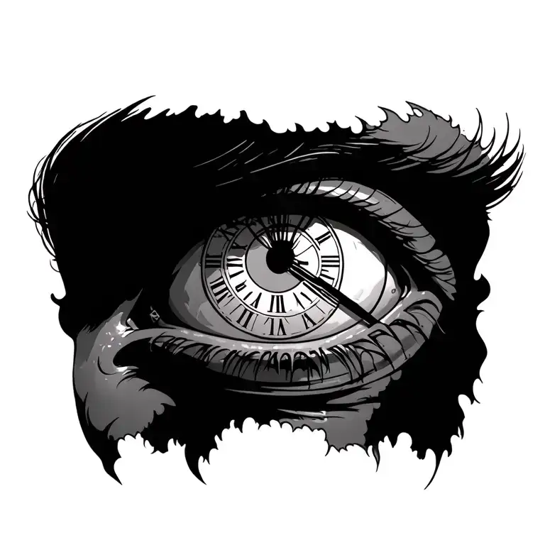 mans right eye with a clock with roman numbers in the pupill tattoo design idea