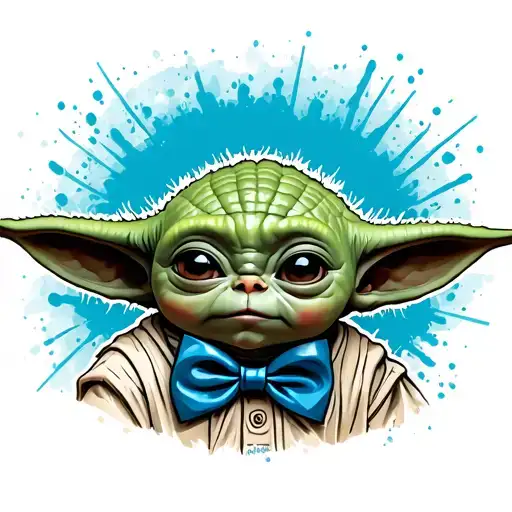gray baby yoda only face with blue bow tie tattoo design idea