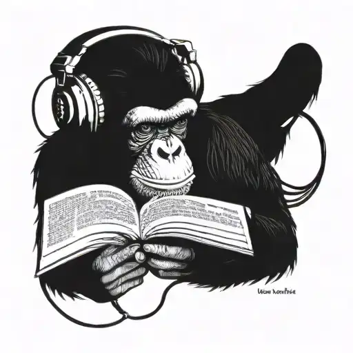 chimpanzee wearing headphones and reading book tattoo design idea