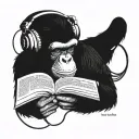 chimpanzee wearing headphones and reading book tattoo design idea