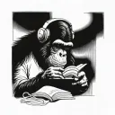 chimpanzee wearing headphones and reading book tattoo design idea