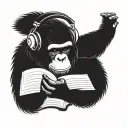 chimpanzee wearing headphones and reading book tattoo design idea