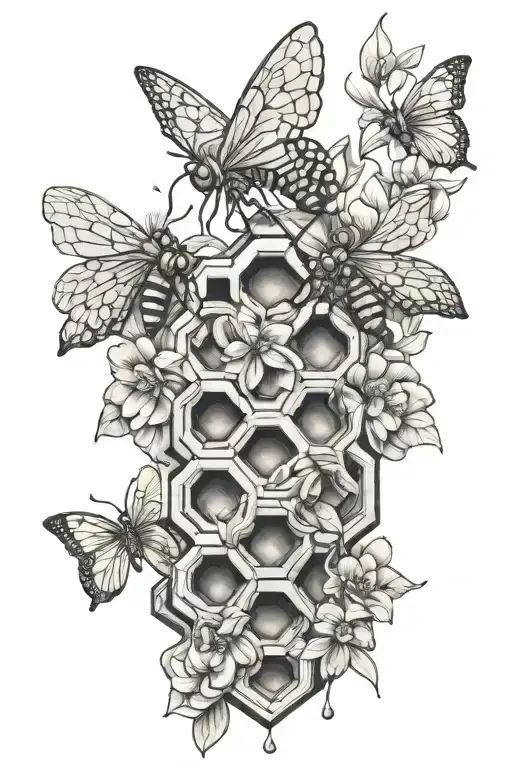 honeycomb, flowers intertwined tattoo design idea