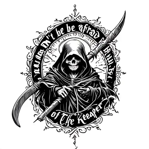 The inscription "Don't be afraid of the Reaper" and a scythe. tattoo design idea