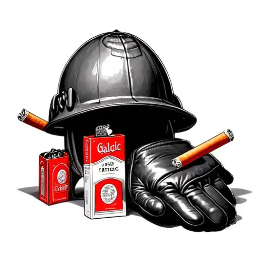 A pack of red Gallic cigarettes with a lighter a leather glove a fire helmet a rugby balloon a test tattoo design idea