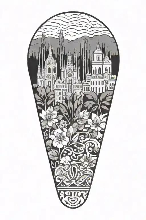 Barcelona and Spanish plants growing with music tattoo design idea