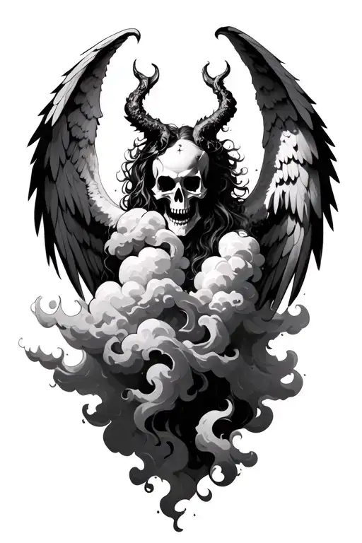 a demonic full angel with skull face and clouds all over tattoo design idea
