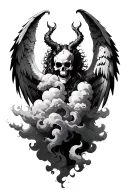 a demonic full angel with skull face and clouds all over tattoo design idea