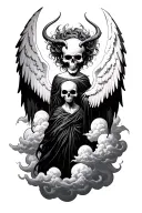 a demonic full angel with skull face and clouds all over tattoo design idea