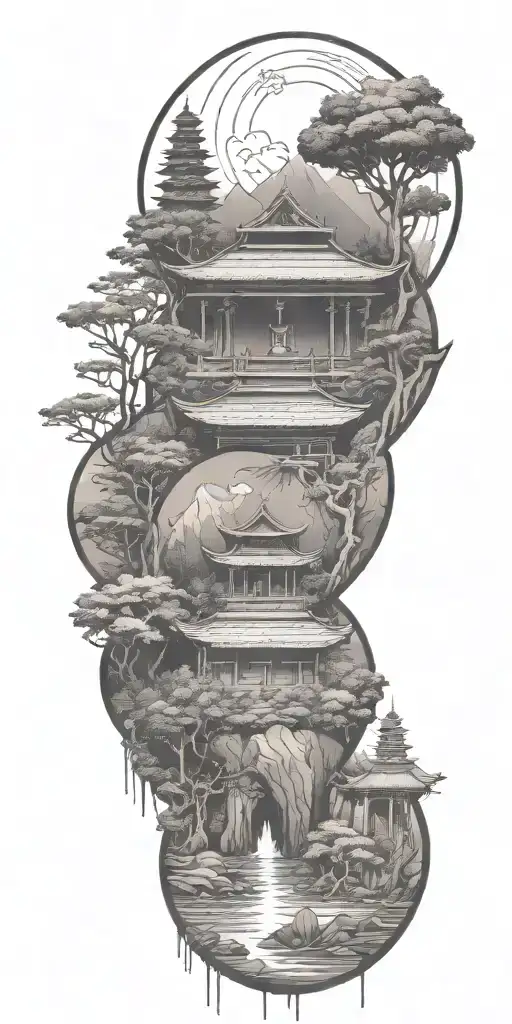 budism symbols that are uncommon. focus on nature, scenery and being grounded while on a spiritual journey tattoo design idea