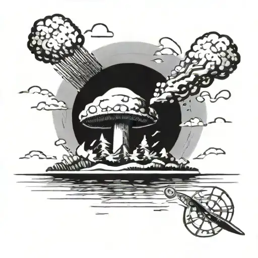 Traditional black work small and low detail tattoo of atomic bomb mushroom cloud explosion from the beach tattoo design idea